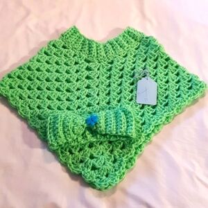 Handmade green poncho with headband 1.5-3 years, New